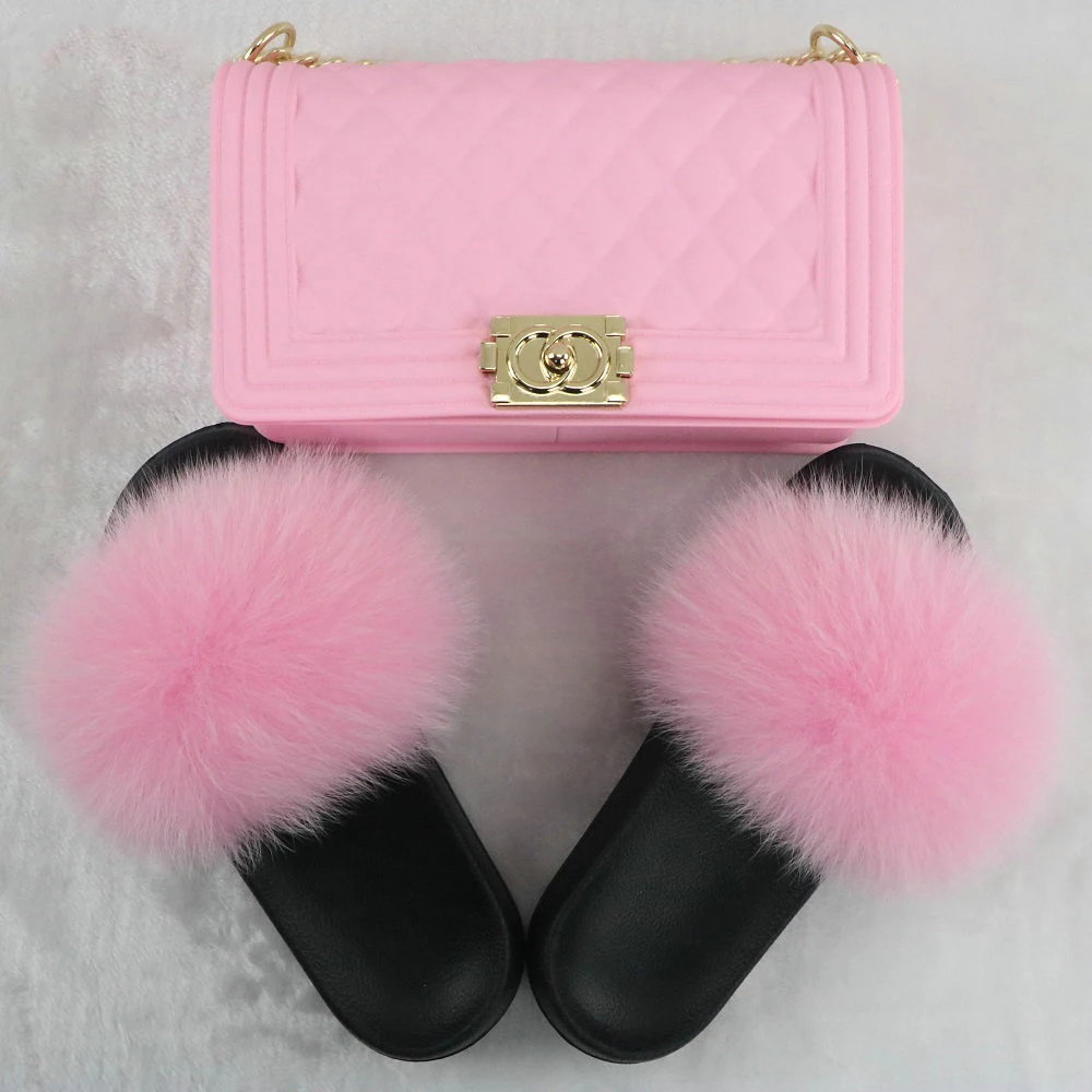 

2021 Women's Slippers Furry Women House Slippers Custom Design Fox Slides Handbag Sets