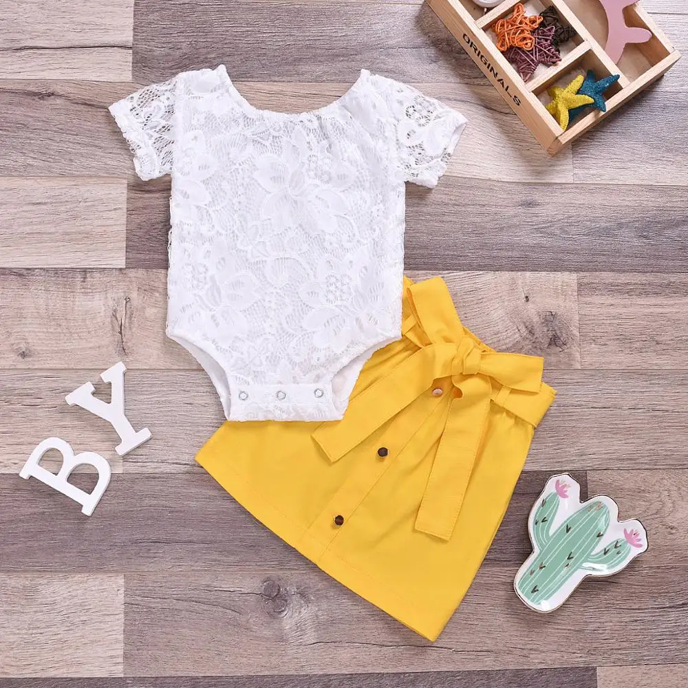 

Summer Short Sleeve Lace Floral Rompers With Solid Color Skirts Dresses Baby Clothing Set Outfits Baby Infant Clothes Set, Picture show