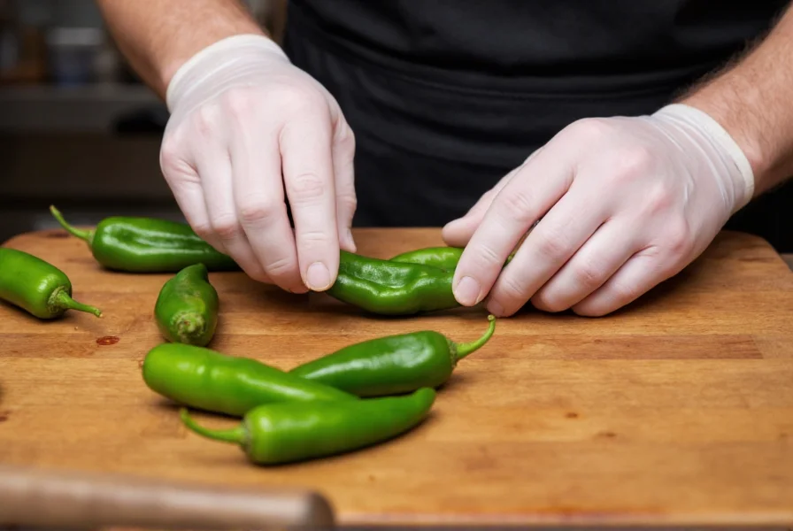 Chef's hands preparing serrano peppers with gloves, showing proper handling techniques for high Scoville scale peppers