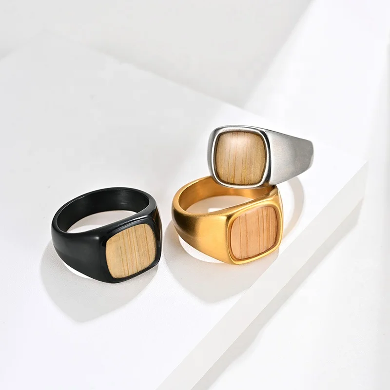 

Thick Chunky Wooden Strip 18K Gold Filled Stainless Steel Jewelry Accessaries Fashion Inlaid Wood Men Signet Ring