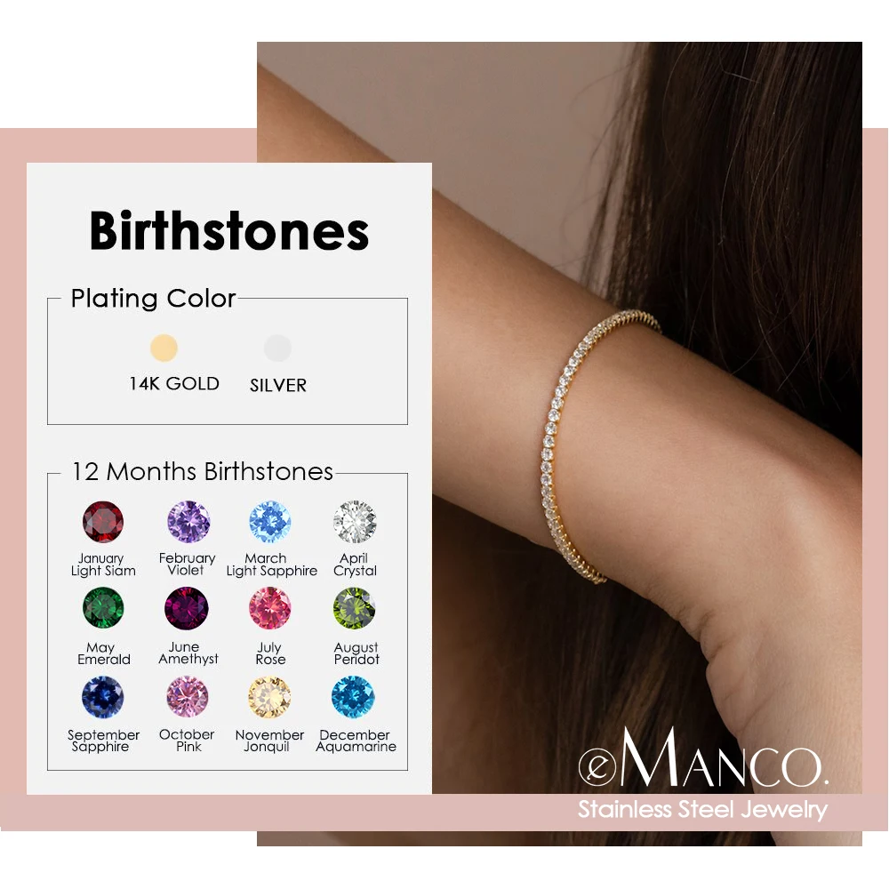 EManco Luxury 14K Gold PVD Plated Birthstone Tennis Bracelet with Full Zircon Stainless Steel Fashionable Chain for Gifts