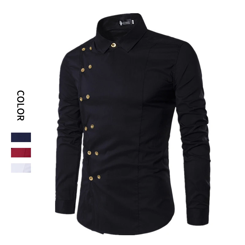 

Double-breasted Polyester Casual Black Business Muscle Metal Button Shirts For Men Full Sleeve