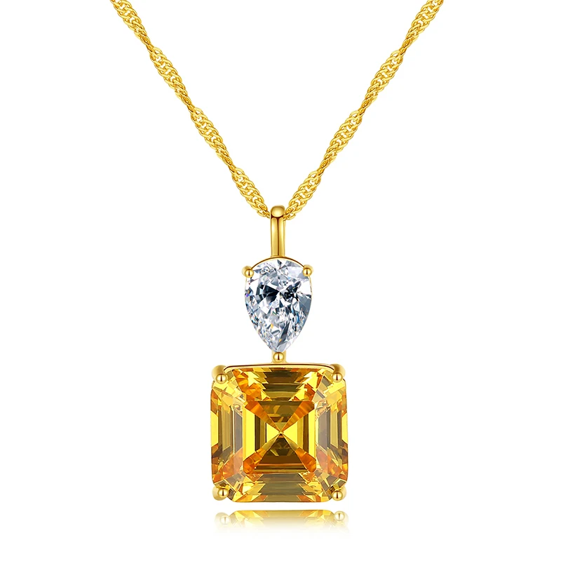

CZCITY New Design Silver Rope Chain Necklace Square Yellow Crystal Gemstone Pendant Women Chain Necklace