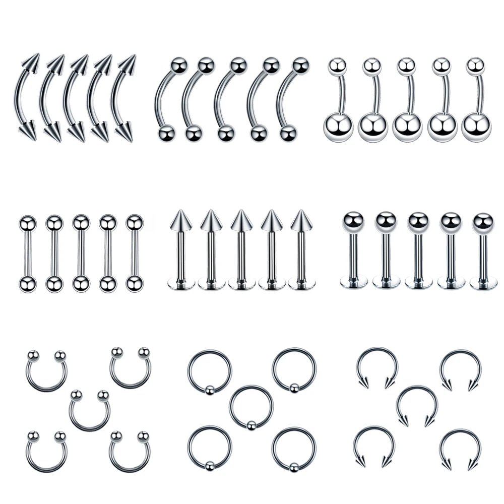 

20Pcs/Set Body Jewelry Piercing Lot Stainless Steel Nose Lip Tongue Eyebrow Tragus Body Piercing Navel Belly Ring Barbells