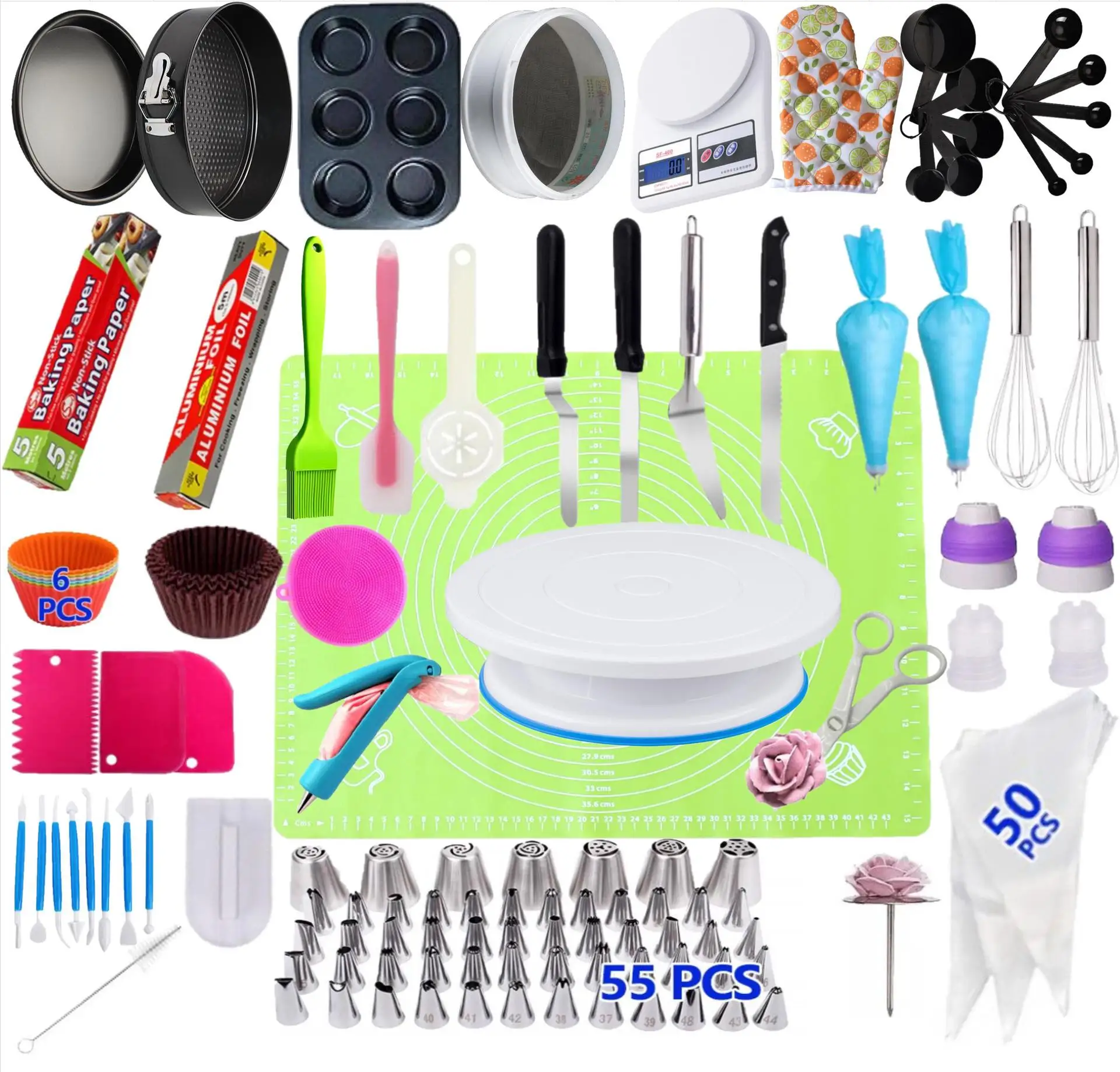 

Low MOQ 223 PCS and More Than 100 PCS Complete Cake Baking Supplies Kit Cake Stand Turntable Cake Decorating Tools Set, White