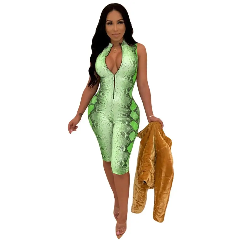 
Womens Casual Stand Neck Front Zipper Short Sleeve Short Pants Snakeskin Print Romper Jumpsuit 
