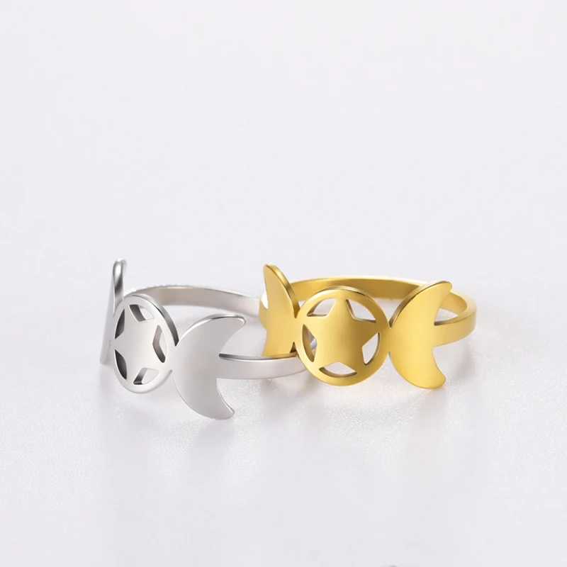 

Elegant Women Stainless Steel Ring Real Gold Plated Moon And Star Rings Jewelry Gifts For Girls Goddess Pentagram Rings 2021, Steel color, gold, rose gold