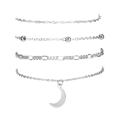 

2020 Summer 4 pcs/set Simple Natural Moon Pendant Bracelets Multi Layers Silver Anklet