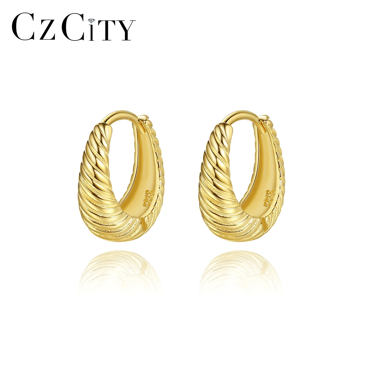 

CZCITY Hoop Sterling Silver Ear Woman Plated Base Metal Thick Earing Clip On Gold Twisted Earring