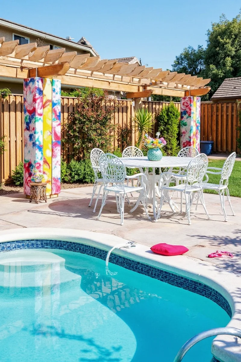 Family enjoying a colorful poolside setup
