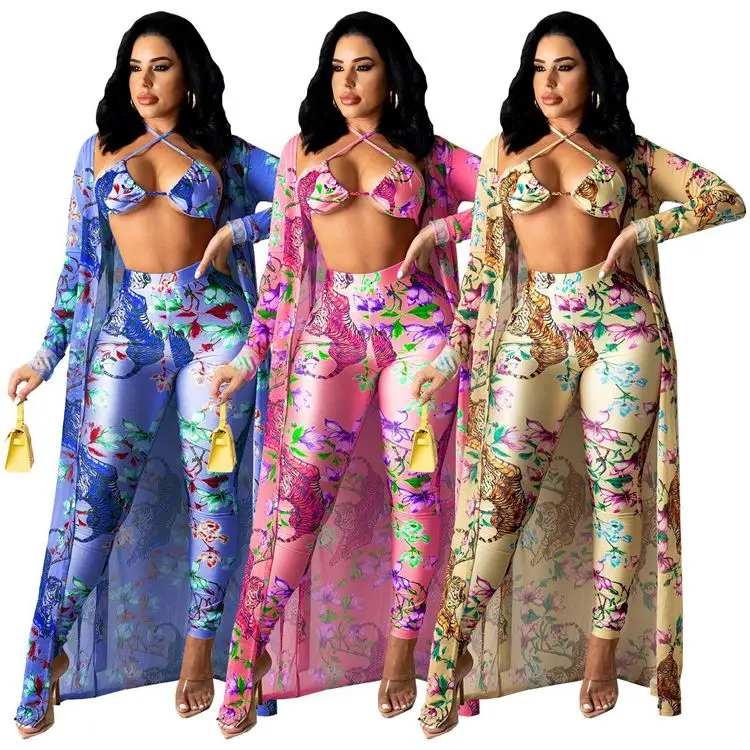 

Latest Design Floral Print Bra And Pants Summer 3 Piece Sets Maxi Long Cardigan Ladies Three Piece Set Women Clothing