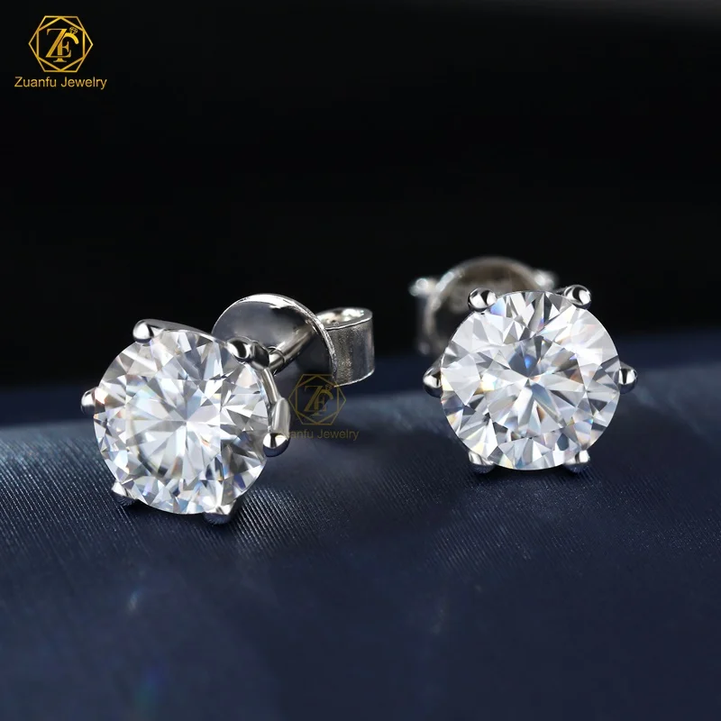 Wholesale Fine Jewelry 925 Sterling Silver Earrings Round Brilliant Cut 0.5-2CT VVS Pass Diamond Test Moissanite Stud Earrings