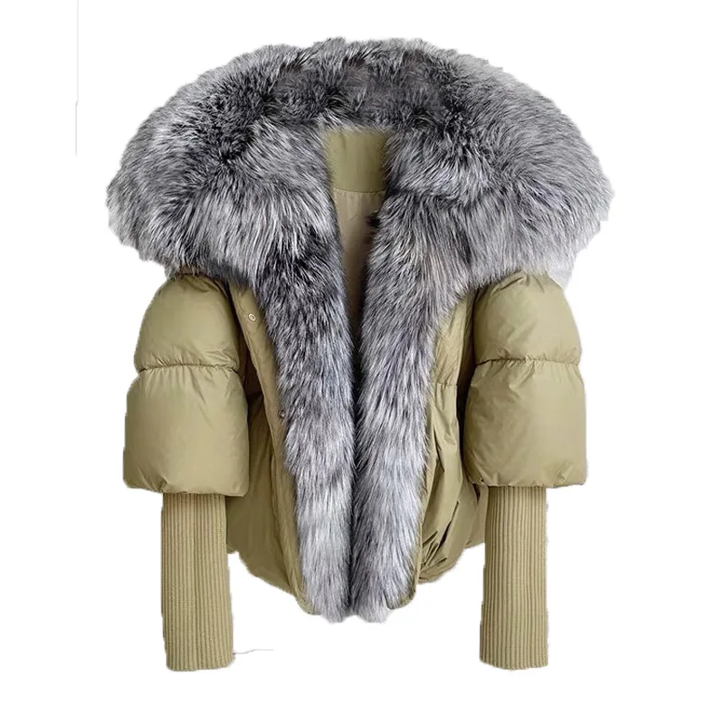 

2023 New Winter Real Fox Fur Collar Thick Warm Puffer Jacket Parkas Women Knitted Sleeve Loose 90% White Duck Down Coat
