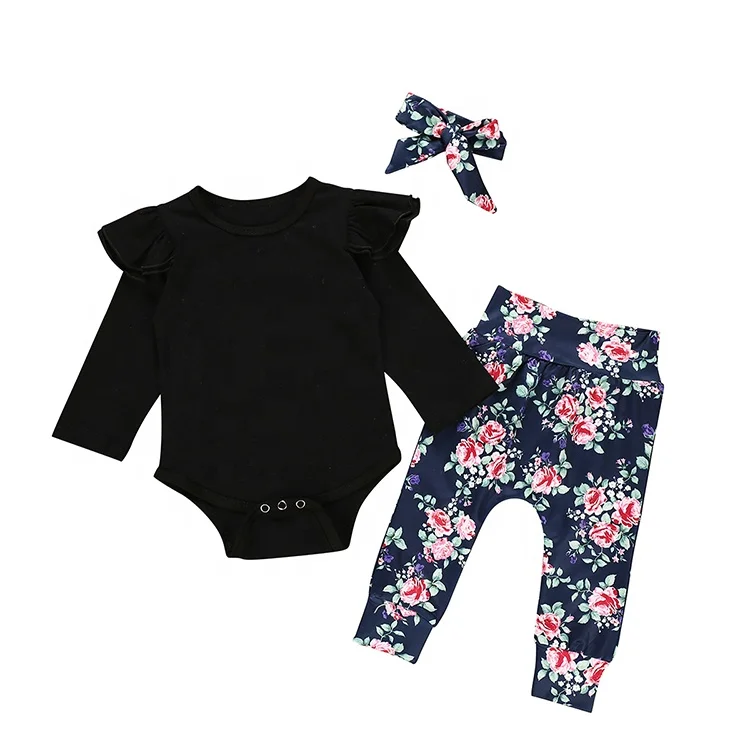 

Wholesale custom design infant clothing 100% cotton baby black rompers and floral Long Pants baby knit romper