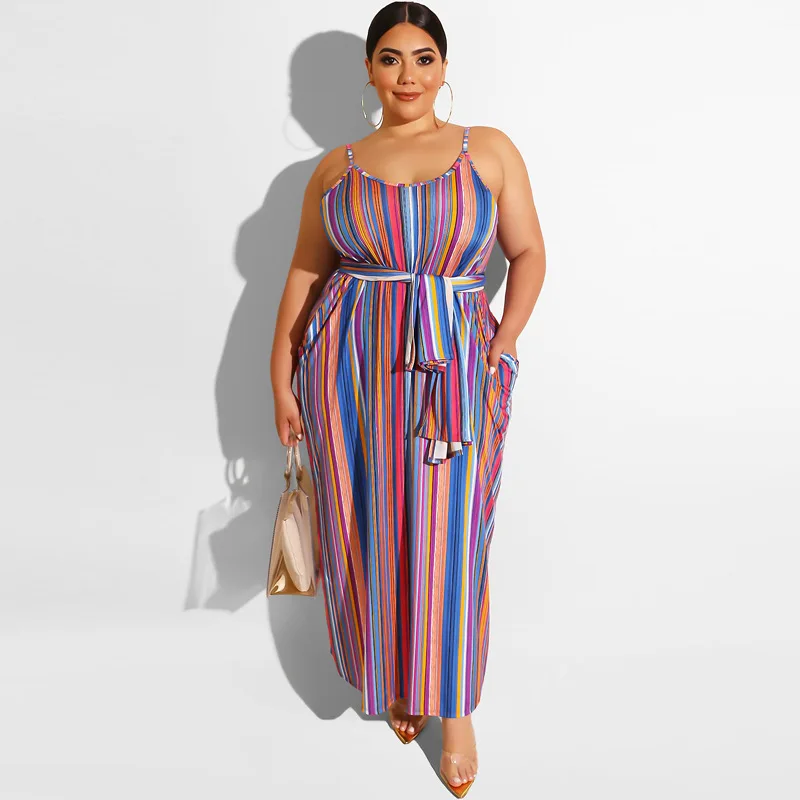 

Hot Sell Rts Women Stripe Colorful Loose Girdle Skirts Summer Plus Size Dress & Skirts