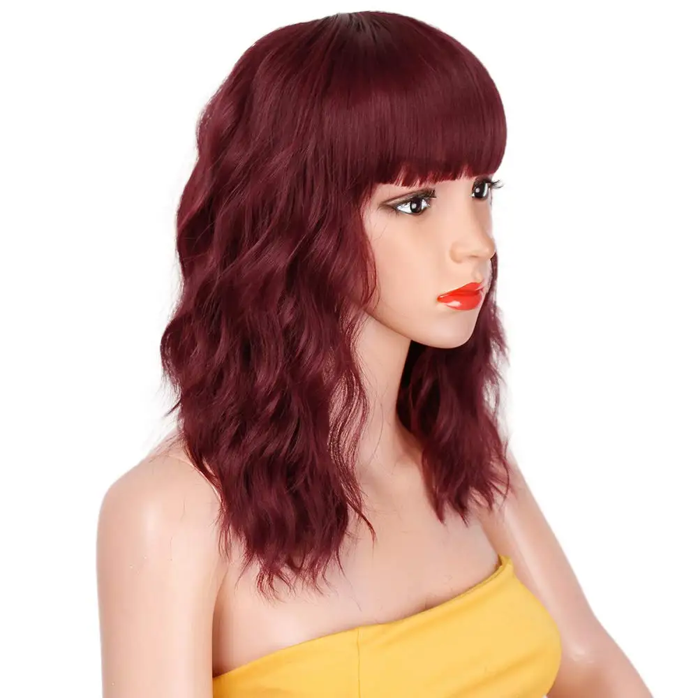 

Women synthetic water wave short wavy Curly Bob Wig with Bangs Brown to Blonde Ombre Wigs