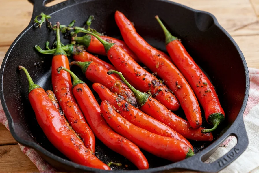 Traditional Spanish tapas dish of blistered Padrón peppers served in cast iron skillet