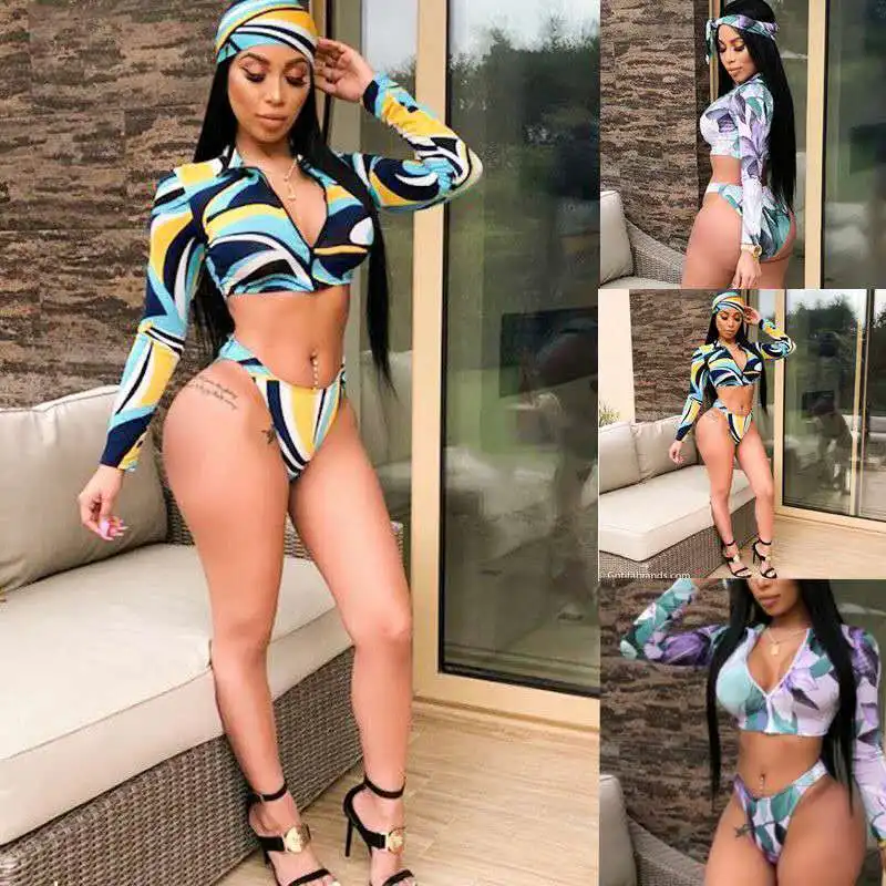 

women Swimsuit 2020 Floral Random Print Long Sleeve Bikini Set & Headband