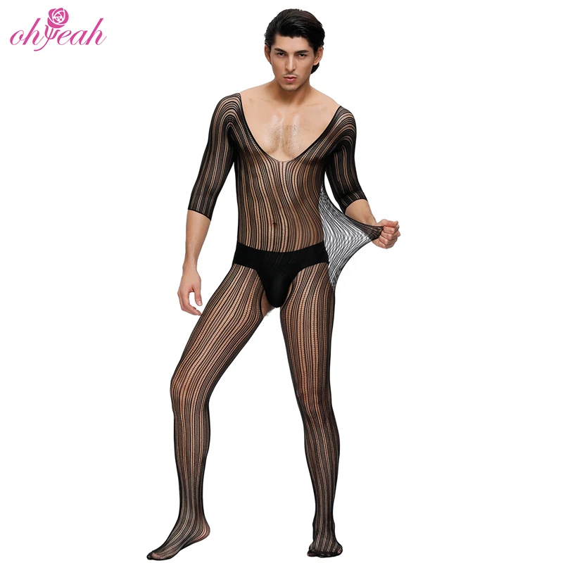 

Hot sale lingerie for men stripe sexy nylon bodystocking men