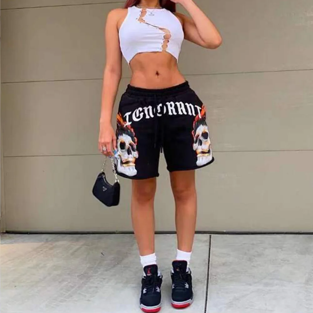 

Skull And Letter Printed Loose Women's Short Punk Style Street Drawstring Short Pants For Lady Boy Shorts For Women, Picture