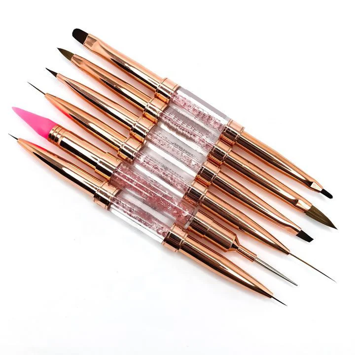

2021 good quality Synthetic Nail Art Liner Brushes dual ended 3D nail art brush set Rose Gold Metal Handle