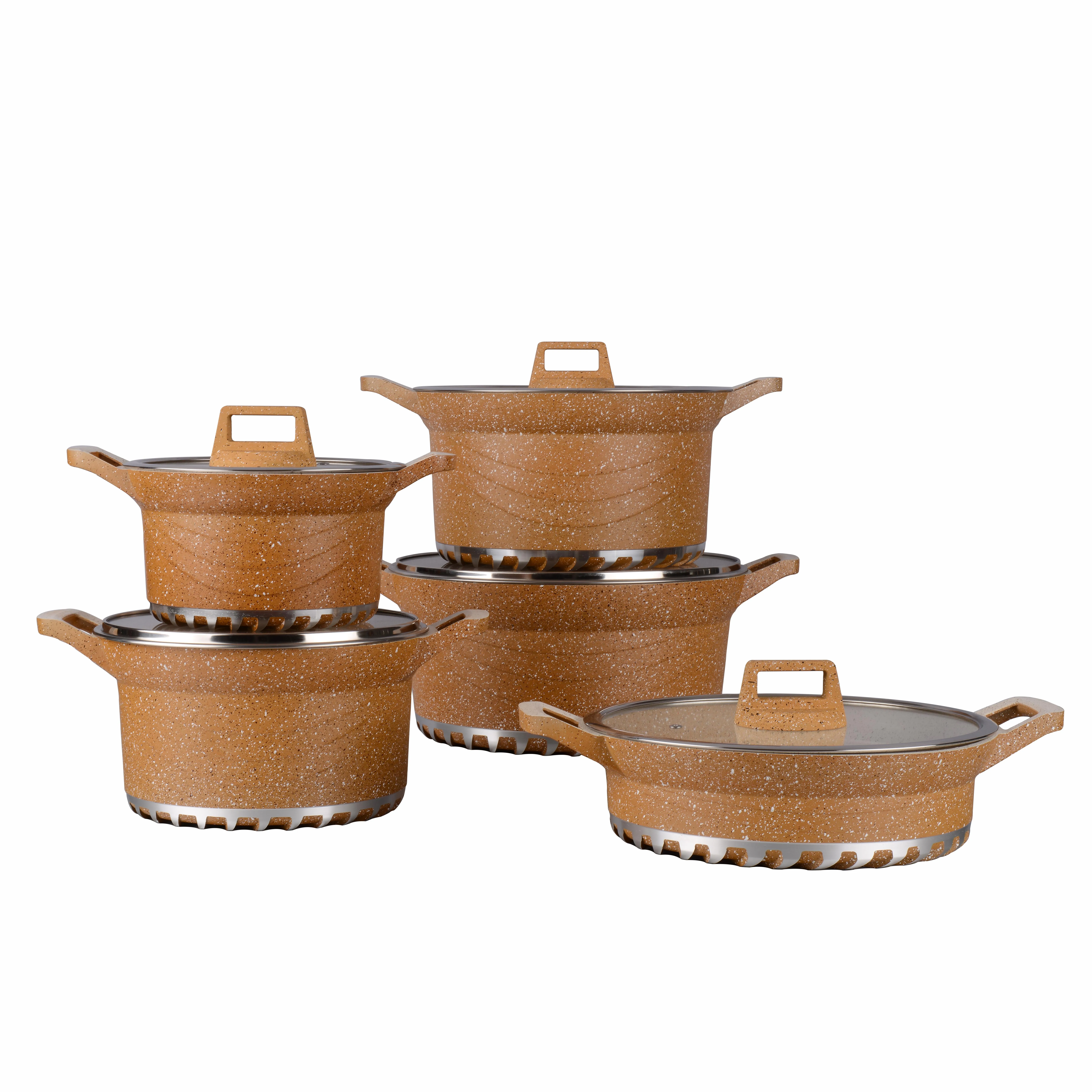

OEM brown 10pcs kitchen gadgets cooking non stick set pot pan aluminum granite cookware soup & stock pots cookware sets, Optional
