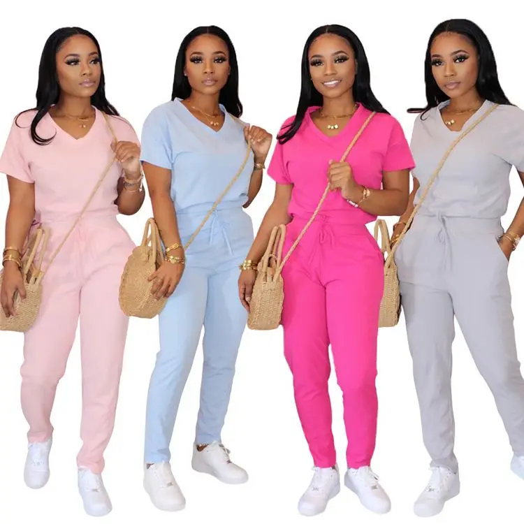 

0420M058 New Design Ladies Casual Pant Sets Solid V-Neck Short Sleeve Wholesale Summer Women 2 Piece Set Clothing