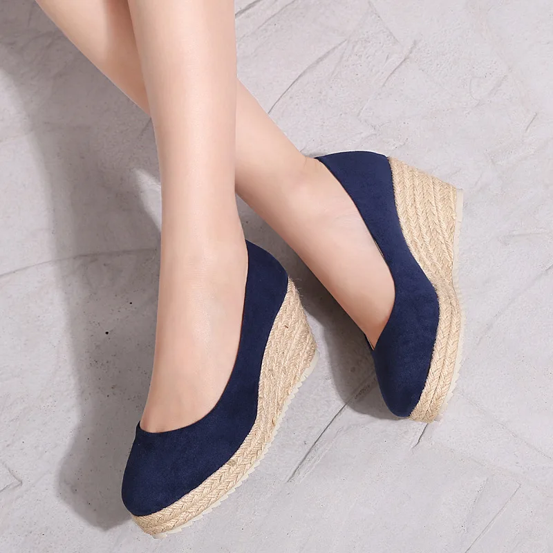 

Sprint autumn fashion new style faux suede women single shoes wedge heels round toe slip on lady ankle espadrille pumps