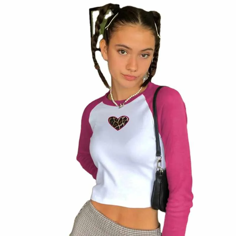 

O Neck Long Sleeve Crop Woman Tshirts Spring Patchwork Brown Cute Tops Leopard Heart Print Clothes