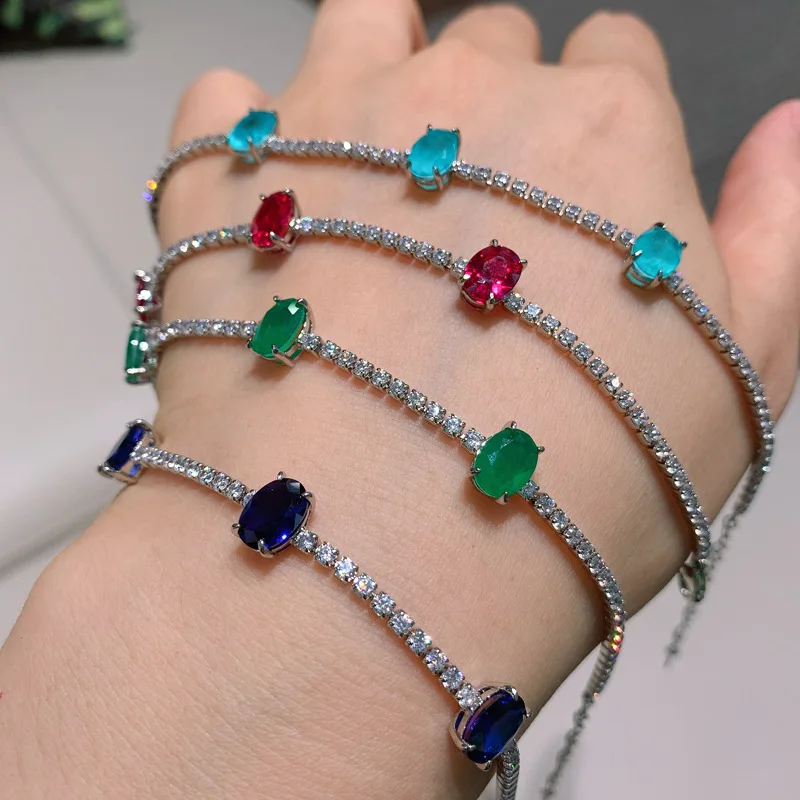 

Hot Selling Shiny Ruby Sapphire Paraiba Emerald Charm Bracelets Bling Bling Full Diamond Zircon Tennis Chain Bracelets For Gift