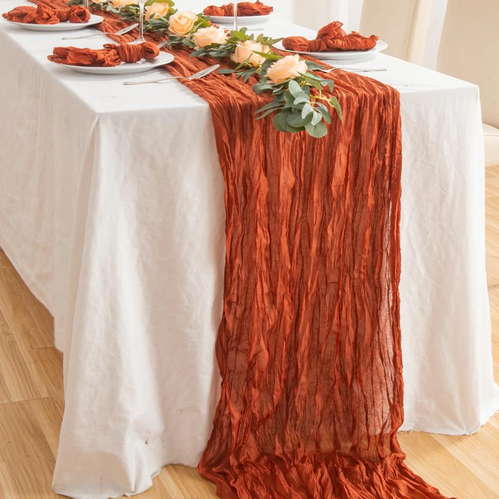 

Boho 90*300cm Ruffled Table Runner Cheese Cloth Gauze Crepe Translucent Tablecloth For Party Wedding Favors