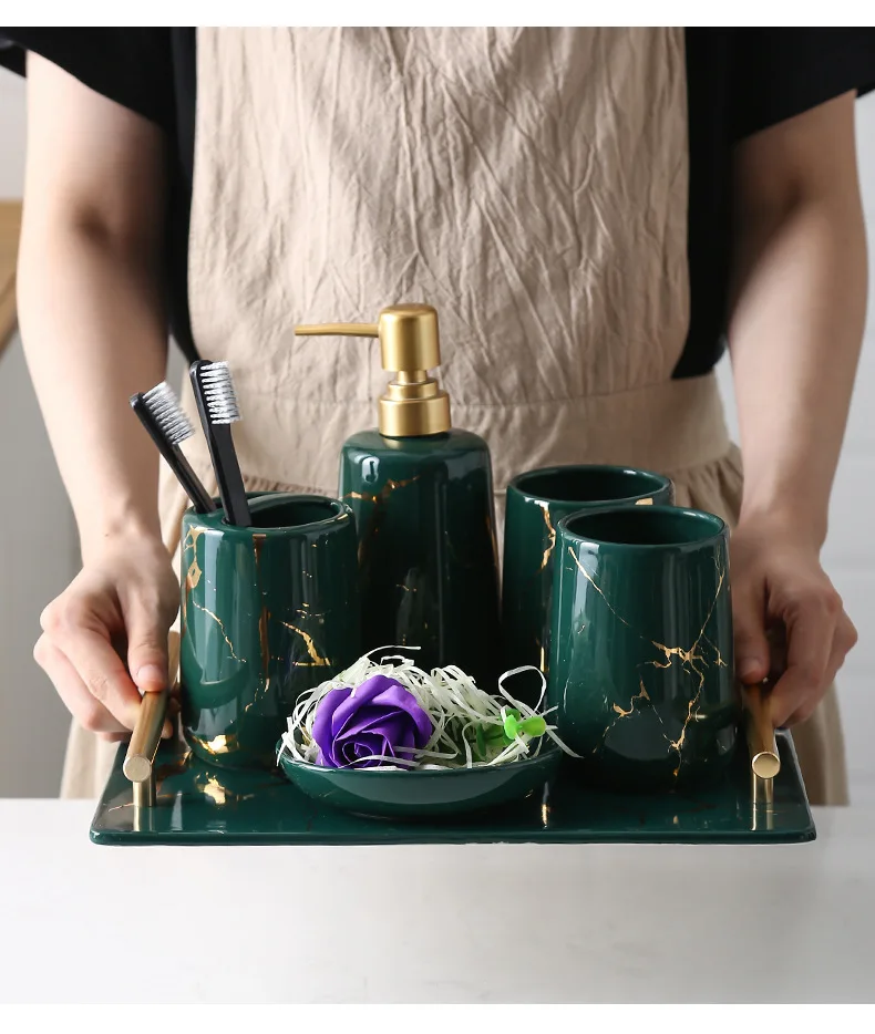 

Modern luxury Green Marble Accessories 5pcs Soap Dispenser Ceramic Toilet Sets For Bathroom Hotel Decoration