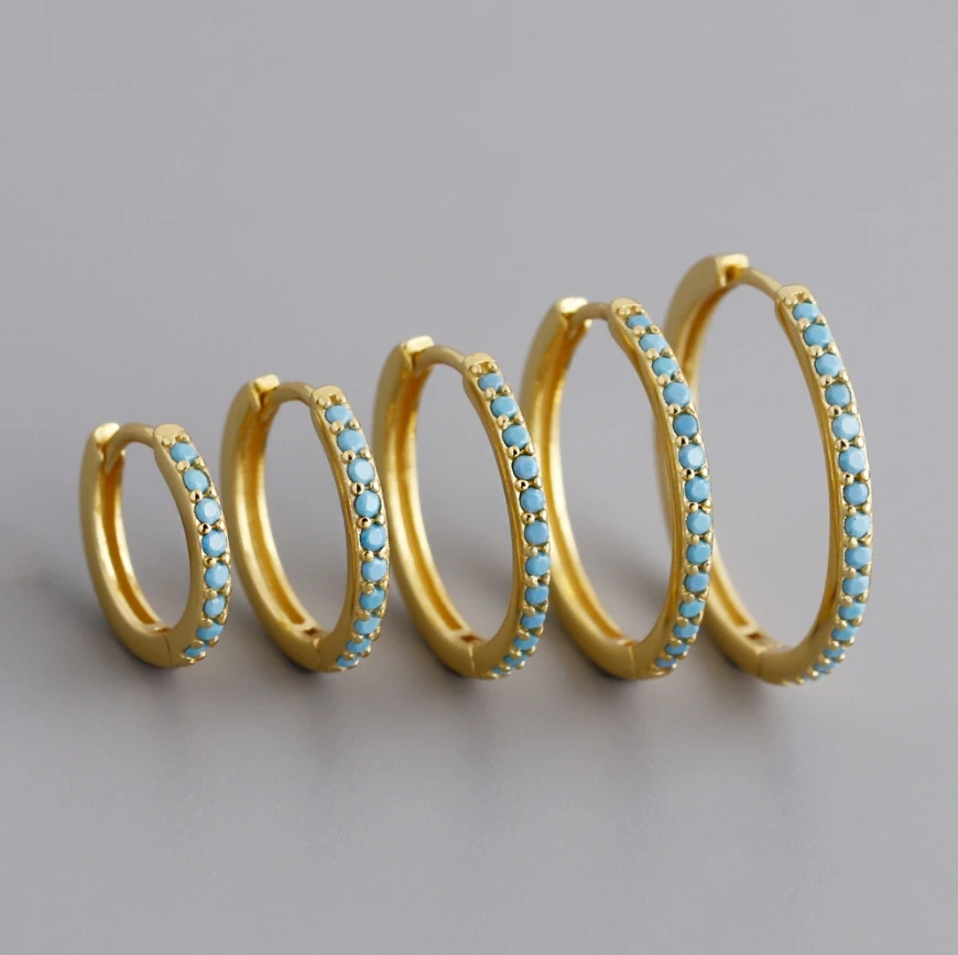 2024 NEW Fashion 925 Sterling Silver Simple Round Different Size Turquoise Zircon Gold Plated Hoop Earring for Women