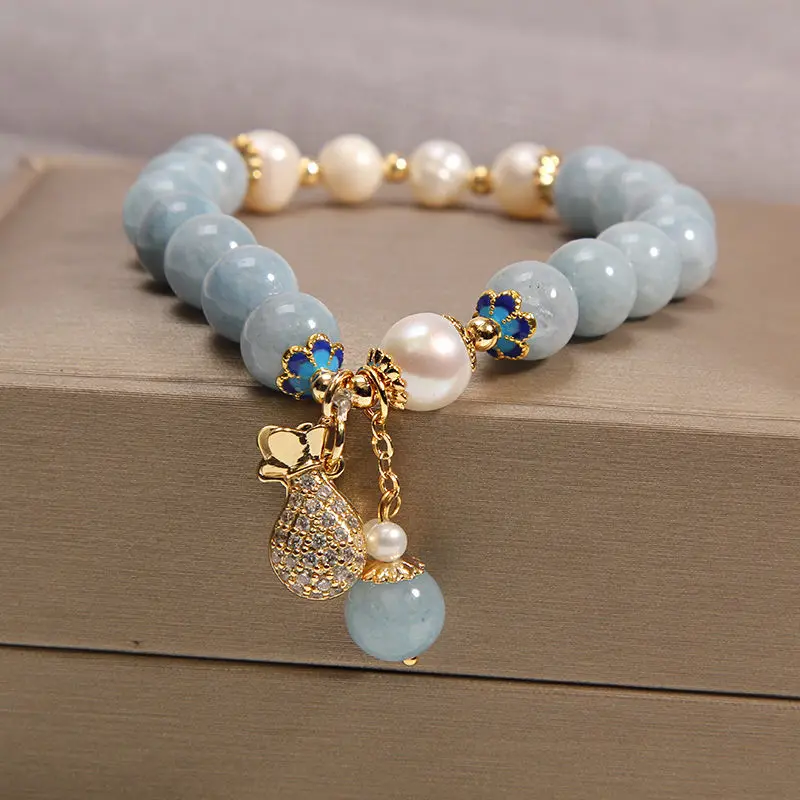 Fashion  Aquamarine Bead Bracelet with Lucky Charm Blue Natural Stone Adjustable Healing Crystal Bracelets For Women Ladies