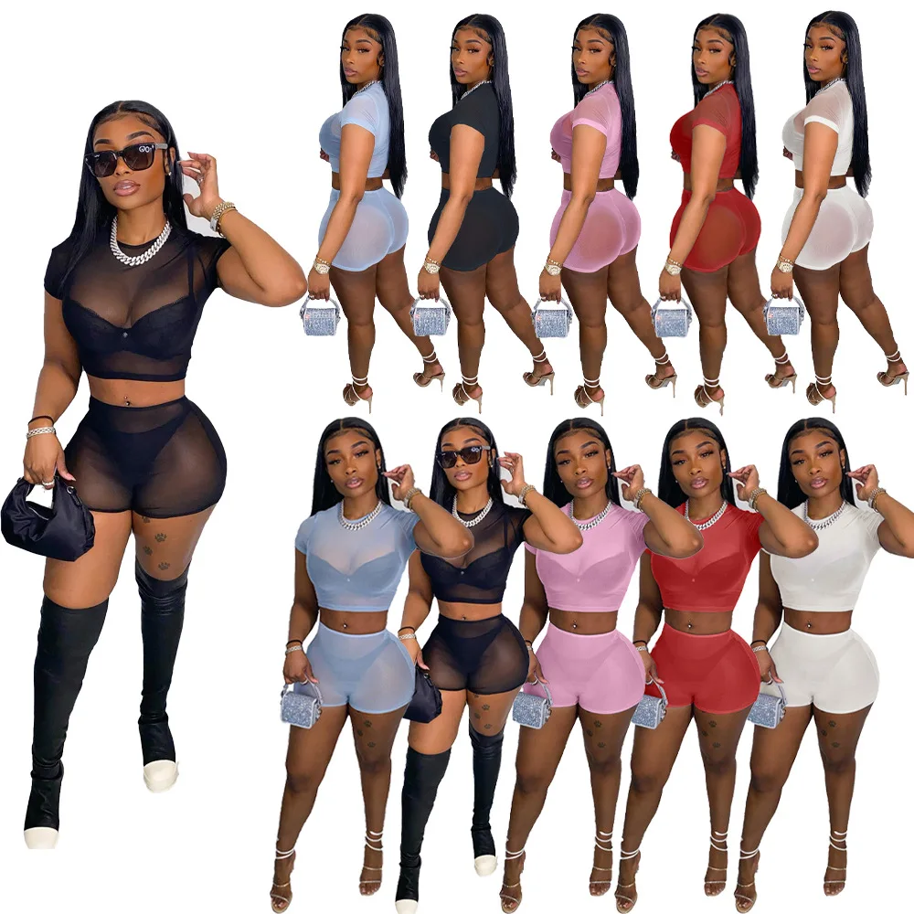 

Wholesale New Sexy See-Through Mesh Trainee Fashion Spring 2022 Women S Clothing Casual Two Piece Pants Set