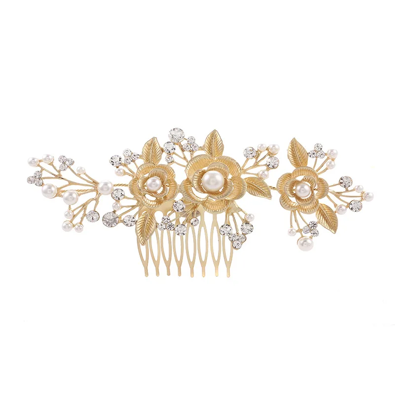 

Women Gold Pearl Rhinestone Hair Combs Leaf Flower Design Handmade Bride Headdress Wedding Bridal Hair Accessories, Gold,silver