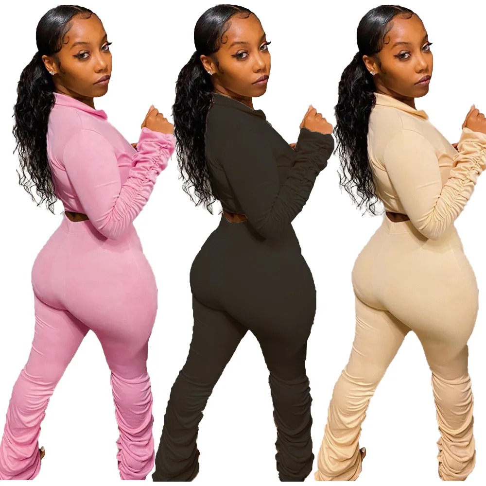 

2021 Apparel Clothing V Neck Solid Color Two Piece Outfits Ruched Long Sleeve Stacked Pants Set, Picture shows