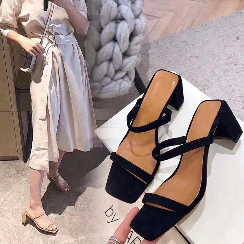

2020 women slippers sexy black chunky sandal thick heels, damen sandalen