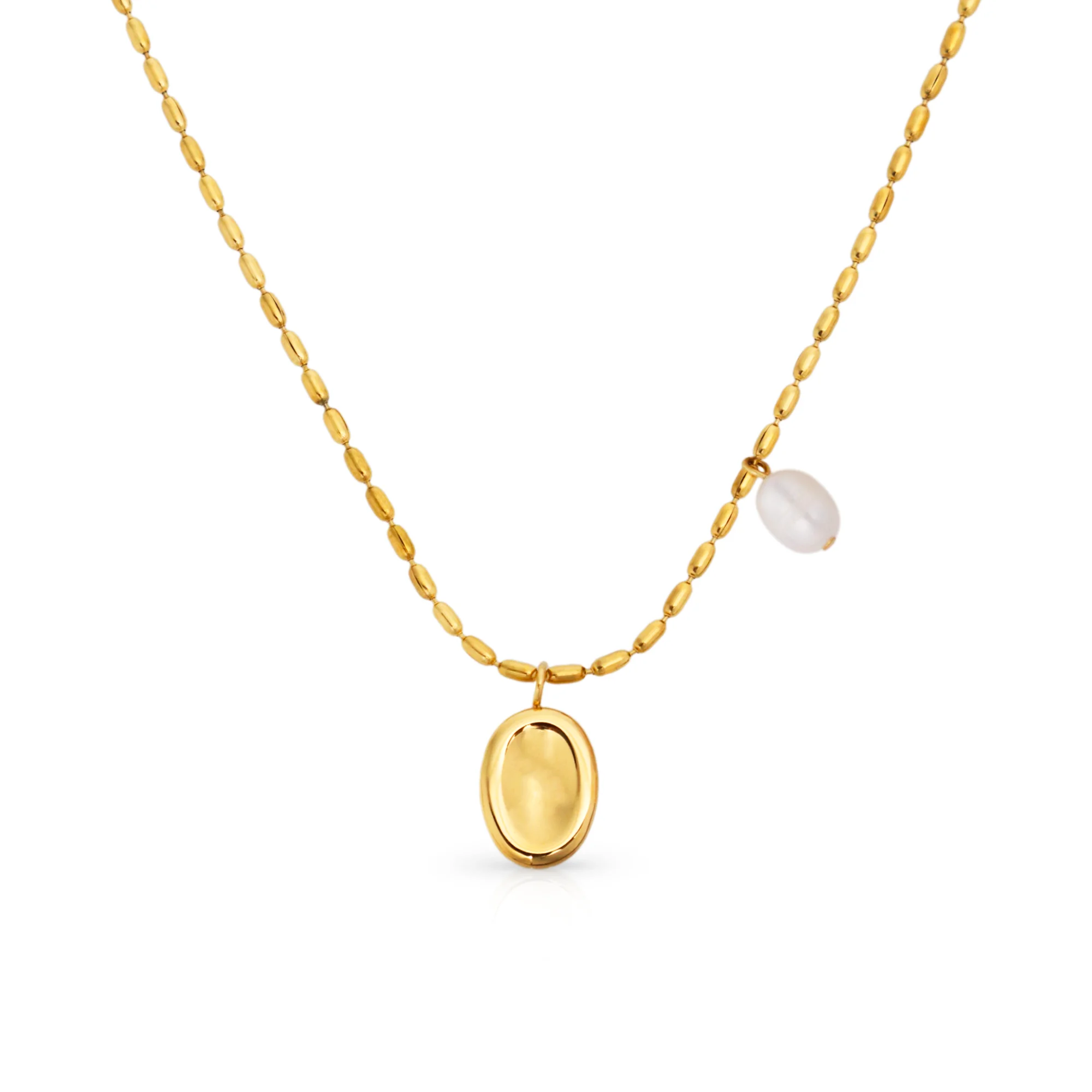 

Chris April PVD gold plated 316L stainless steel natural freshwater pearl oval shape pendant bead chain necklace