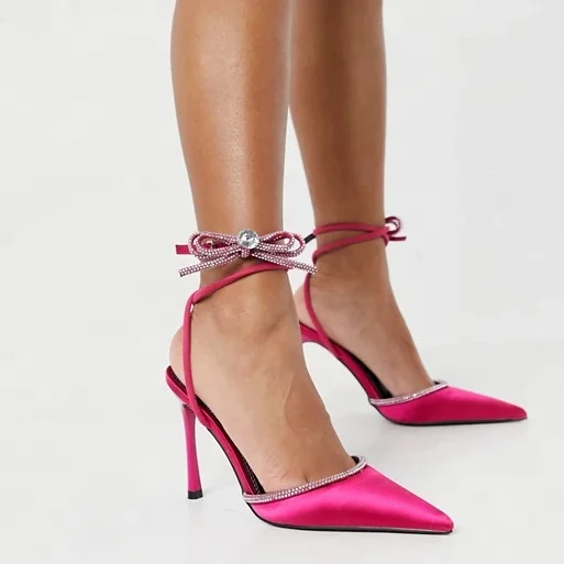 

Luxury Shoes Women Famous Brands Pointed Toe Diamond Bling Bling Buckle Strap Party Pumps In Hot Pink Satin Women Dress Shoes, Hot pink/customized