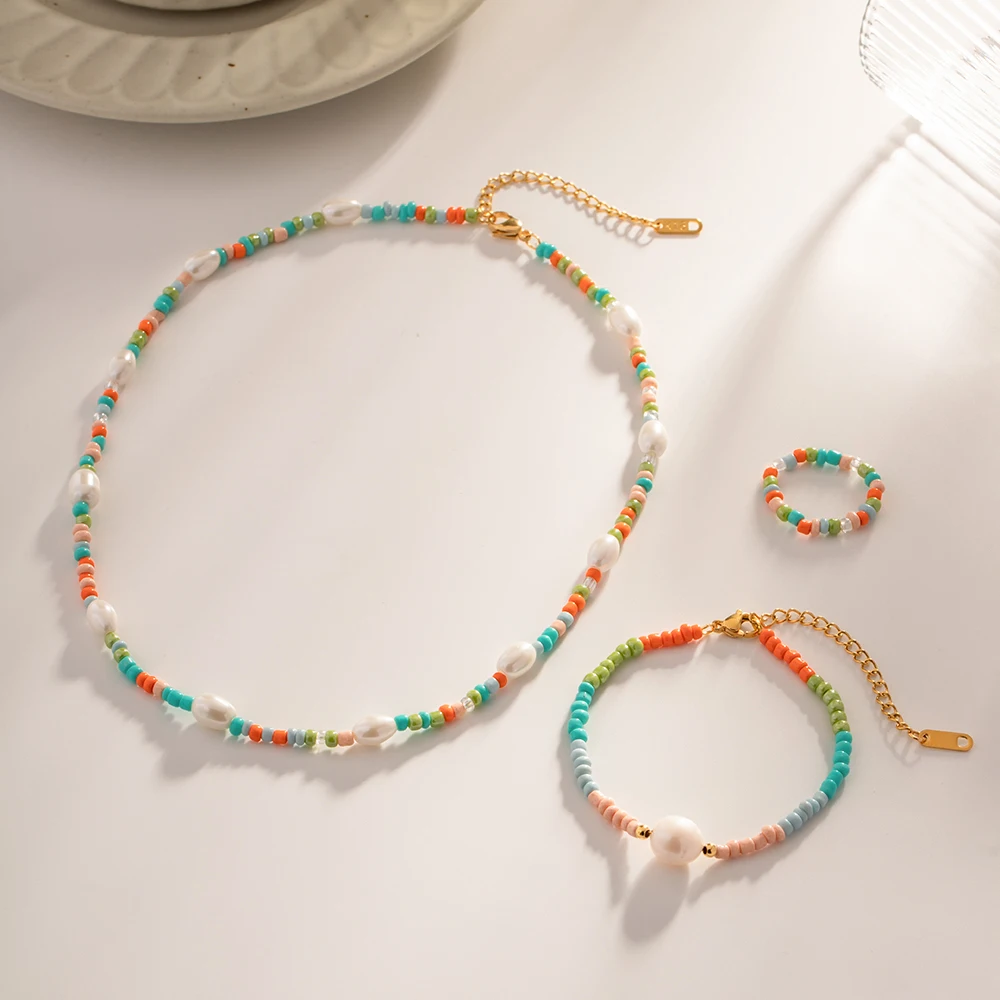 

Bohemia Style Freshwater Pearl Stranded Colorful Stone Bead Chain Necklace Bracelet Ring Jewelry