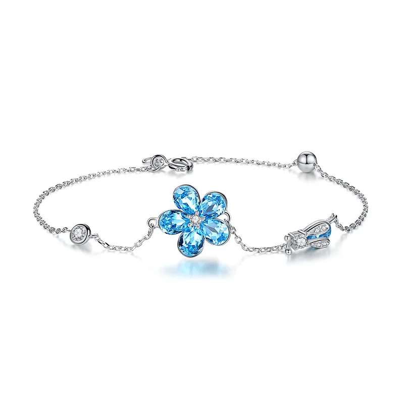 

2021 Special Design Simple Minimalist Blue Sapphire Crystal Gemstone Flower 925 Sterling Silver Bracelets For Girls