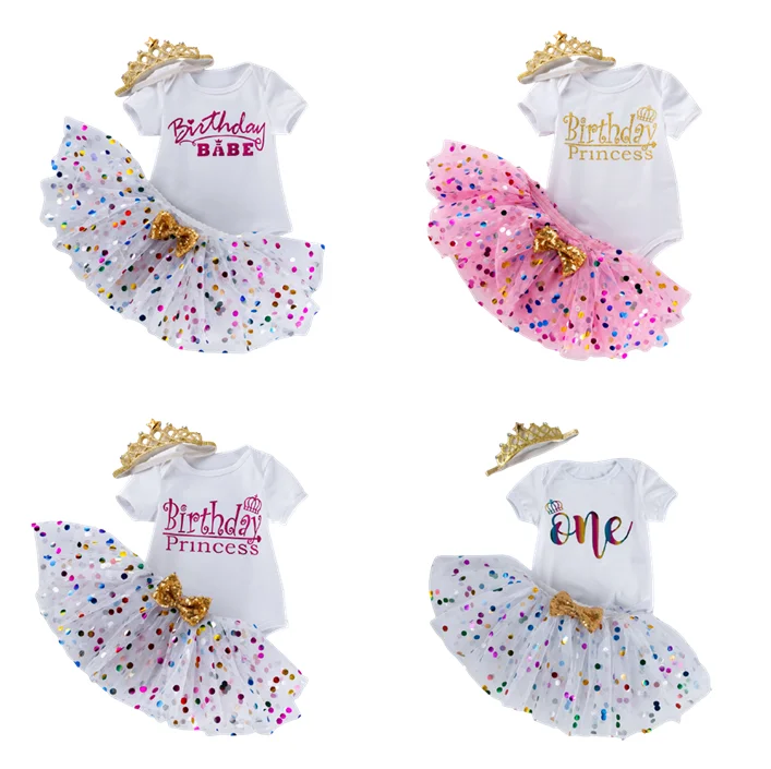 

2021 Summer headband short sleeve romper letter printing Tutu skirt set dress new girls baby festival baby clothes for birthday, As pic shows, we can according to your request also