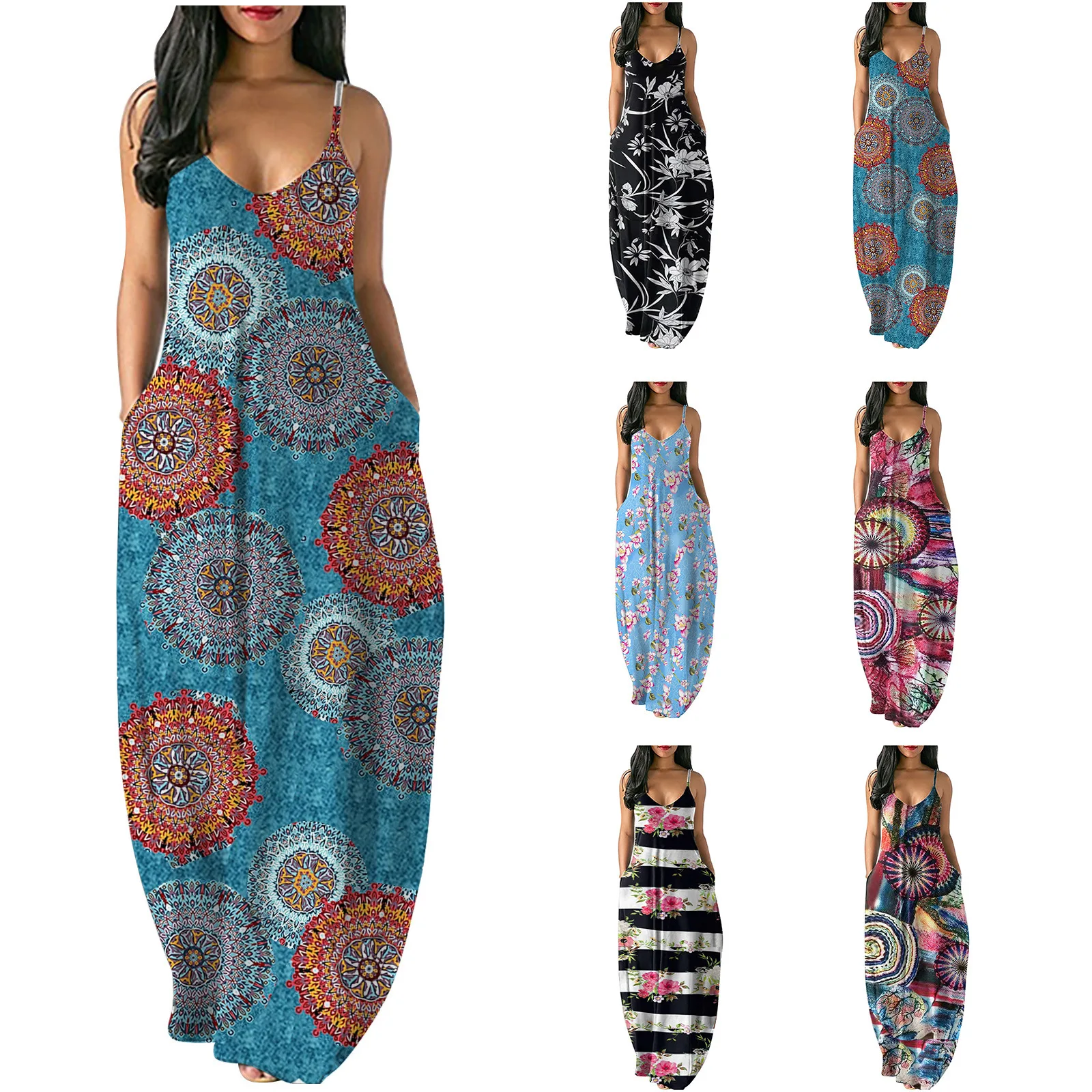 

Dropshipping V Neck Women Casual Summer Pocke Spaghetti Strap Loose Plus Size Long Maxi Dresses