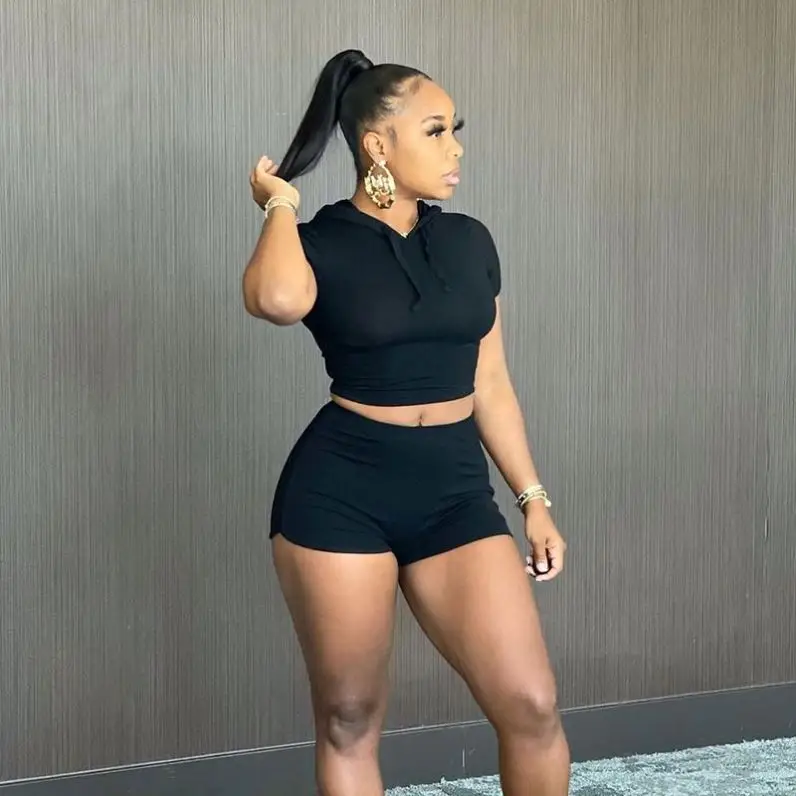 

Fashion women summer solid short sleeve high waist shorts biker set hooded casual sportswear suit, Black gray pink