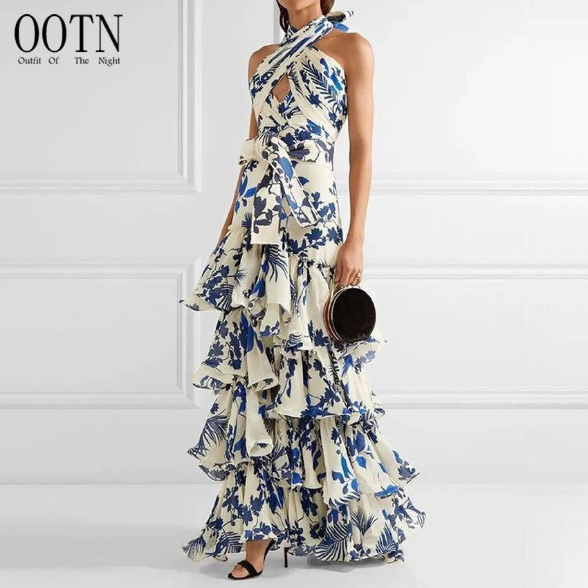 

OOTN Aesthetic Layered Ruffled Hem Evening Party Dresses Elegant Women's Printed Vestidos Sleeveless Neck-mounted Female Dress