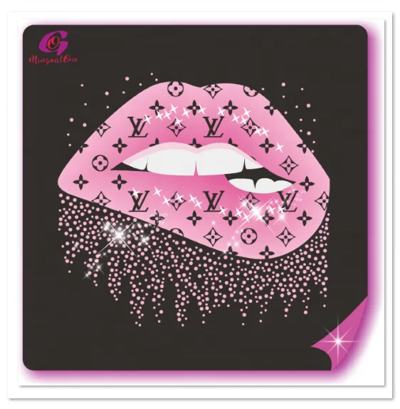 

Charm Light Pink Lips Vinyl Dripping Hotfix Bling Crystal Rhinestone Iron on Motif for Shirt, Select from color chart