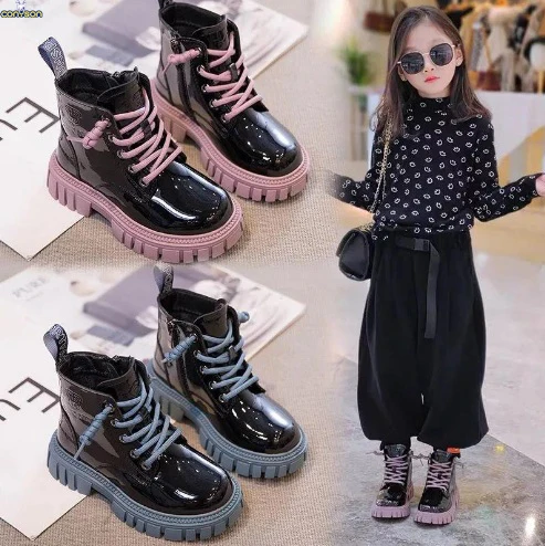 

Conyson wholesale kids korean fashion designer lace-up candy color martin boot boy girls autumn winter PU Leather outdoor shoes