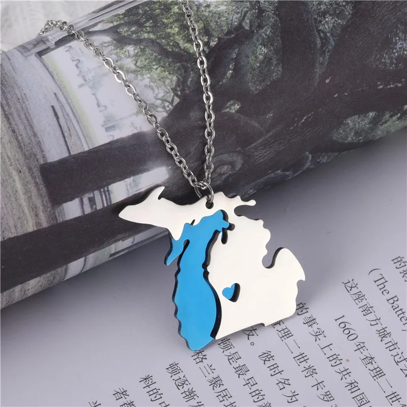 

2021 Michigan Map Necklace Jewelry Stainless Steel Blue Plated Color Two Piece Michigan State Map Pendant Necklace with Heart