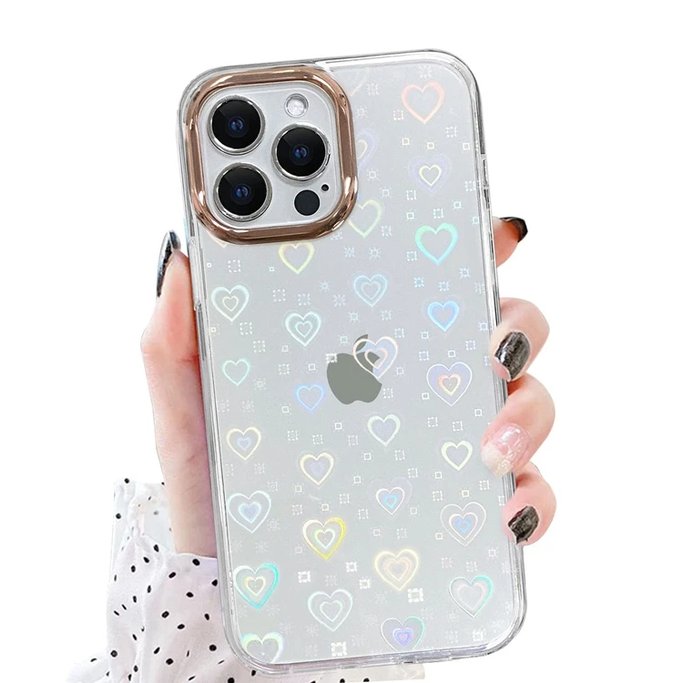 

Wholesale Plated Golden Camera Lens Holographic Love Heart Pattern Phone Case For iPhone 11 12 13 Pro Max, Clear